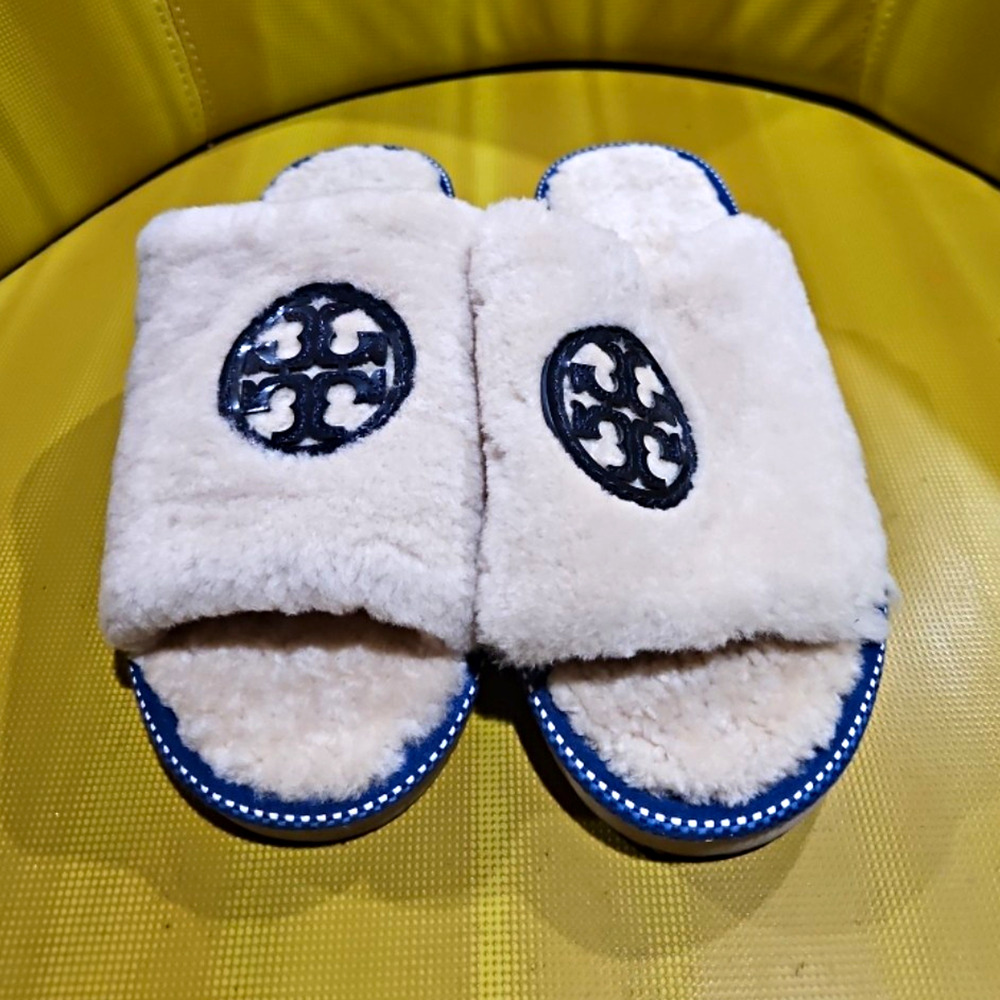 Tory Burch Logo Faux Fur Lined Slide Slippers Open Toe Beige/Blue US 11